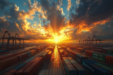 Sunset over logistics terminal vibrant containers at port industrial landscape dramatic sky high fidelity view