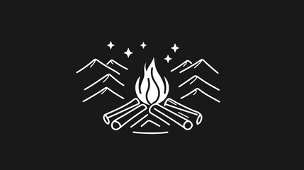 Clip art Campire icon surrounded by mountains and stars on black background