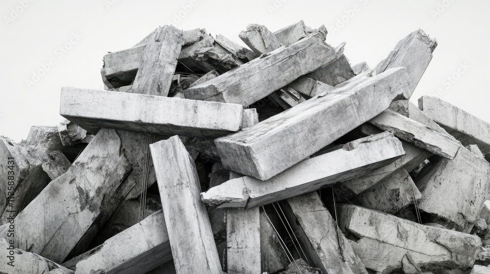 Poster piled concrete debris and rubble creating a unique abstract texture perfect for backgrounds or indus