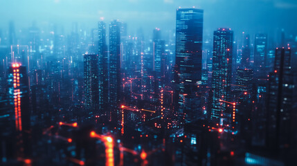 Fototapeta premium Smart digital Innovation city with connection network reciprocity over the cityscape. of future smart wireless digital city and social media networking systems that connects people with in city