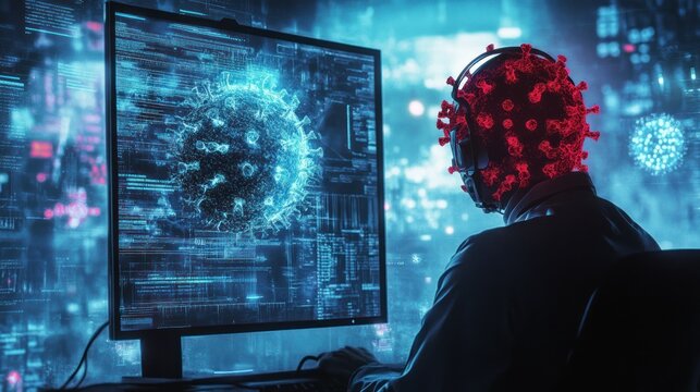 A person with a red virus on their head in front of a computer screen displaying a blue virus - Powered by Adobe