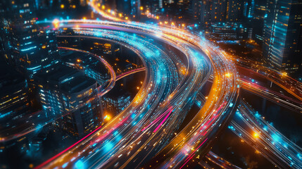 Obraz premium Smart digital Innovation city with connection network reciprocity over the cityscape. of future smart wireless digital city and social media networking systems that connects people with in city