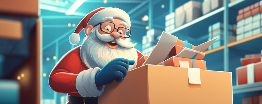 Santa inspecting a box of office supplies, checking off items on a list, in preparation for the holidays