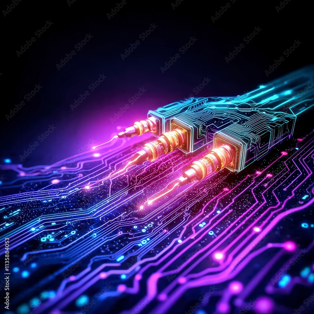 Poster futuristic tech circuit board glowing data stream abstract design