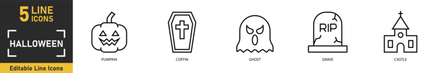 Fototapeta premium Halloween line icon set. Set of 5 outline icons related to pumpkin, coffin, ghost, grave, castle and more. Vector illustration.