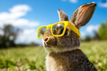 Cute Rabbit in Stylish Yellow Sunglasses Posing Confidently in a Lush Green Field Under a Bright Blue Sky with Fluffy Clouds