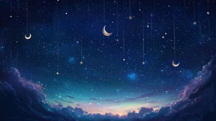 Naklejka premium Night Sky with Hanging Moons and Stars