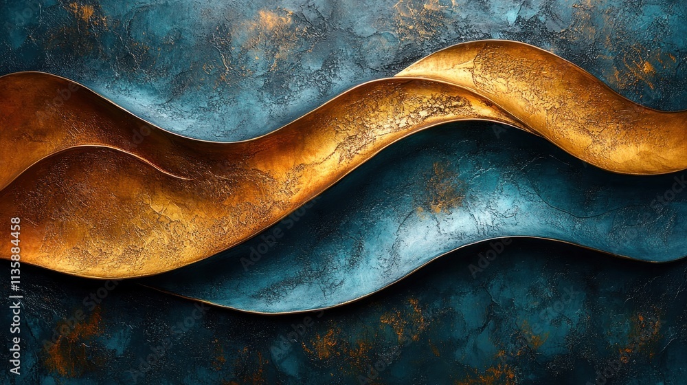 Poster abstract design featuring flowing golden and teal waves with textured surfaces.