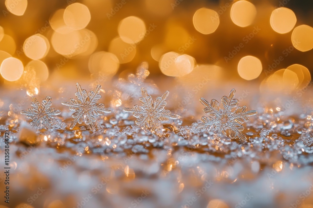 Poster delicate crystal snowflakes on a shimmering surface with warm bokeh background creating a magical wi