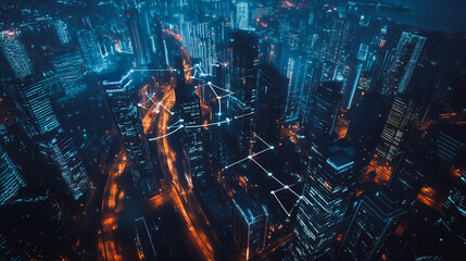 Smart digital Innovation city with connection network reciprocity over the cityscape. of future smart wireless digital city and social media networking systems that connects people with in city