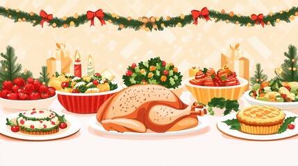 Festive Christmas Dinner Table with Holiday Dishes and Decorations