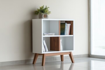 Fototapeta premium White and wood bookcase with books and plant.