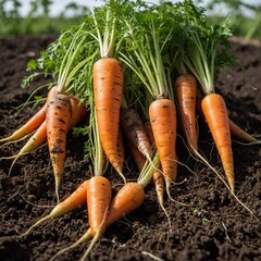 "A bunch of vibrant carrots growing from the soil with green leafy tops, on a white background."