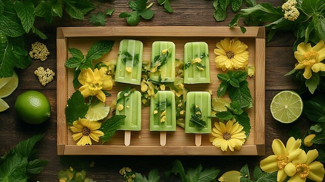 A vibrant flat lay of avocado lime popsicles displayed on a bamboo tray, garnished with fresh mint leaves, edible flowers, and lime zest, tropical summer vibes enhanced by soft natural lighting,