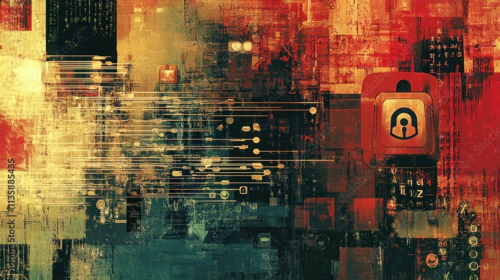 Fototapete abstract digital artwork featuring security icons and data patterns.