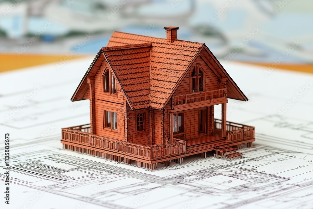 Poster detailed model of a wooden house on architectural blueprints with outlines and layouts in background