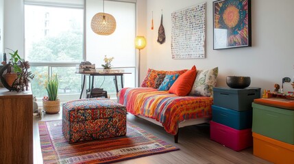 Compact studio apartment living space with a plush loveseat, colorful cushions, and stackable storage boxes. Bright and cheerful atmosphere.