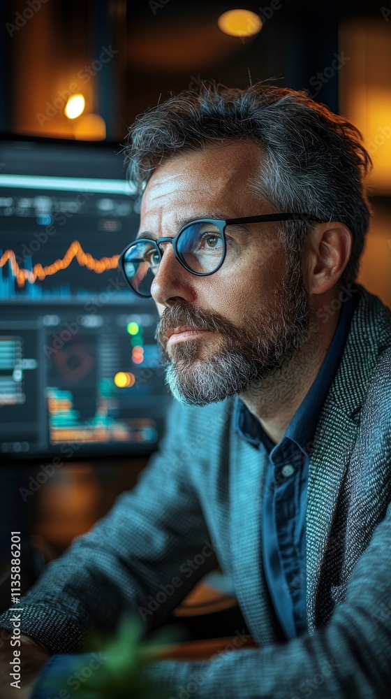 Poster a man wearing glasses is looking at a computer screen with a lot of numbers