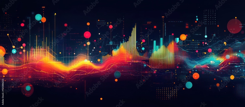 Poster abstract digital data visualization with colorful lines, dots, and shapes on a dark background.