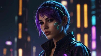 Stylish Cyberpunk Woman in Neon Cityscape