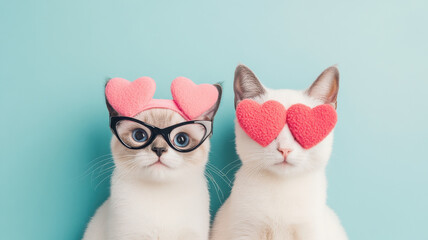 Two adorable cats wearing heart shaped glasses and headbands, showcasing playful and loving vibe against light blue background. Perfect for expressing affection and joy