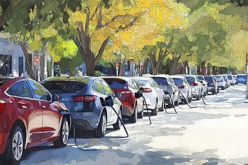 Electric Vehicles Charging in Urban Setting Surrounded by Lush Trees and Fall Foliage Highlighting Sustainable Transportation Options for a Greener Future
