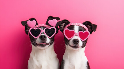 Two adorable dogs wearing heart shaped glasses against pink background, radiating joy and love. Their playful expressions and stylish accessories create charming and fun atmosphere