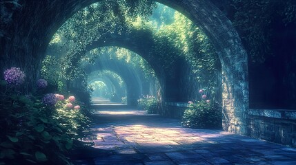 Fototapeta premium Enchanted Garden Path: A Serene Walk Through Nature's Tunnel