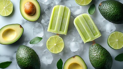 Avocado lime popsicles displayed elegantly on a marble countertop, with crushed ice, halved limes, and fresh avocado slices scattered around, soft morning light creating an airy, fresh look,