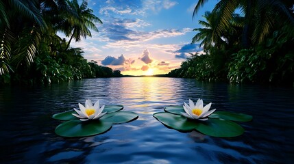 Serene Sunset Over Tropical Water with Stunning Lily Pads and Colorful Cloud Reflections in Tranquil Nature Scene