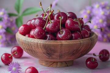 Fresh Red Cherries in Wooden Bowl with Water Drops on Purple Background