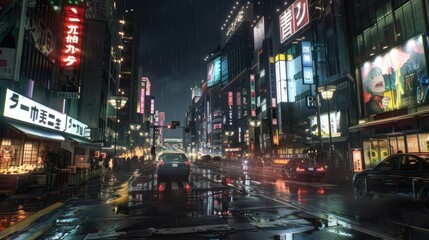 anime background landscape night street in tokyo city japan