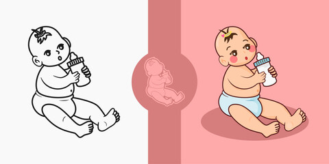 Baby Drinking Milk Bottle Illustration in Color and Outline