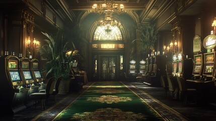 Fototapeta premium Elegant Casino Interior With Slot Machines And Plants
