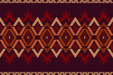 Ikat cross stitch geometric embroidery seamless knitted pattern on damask background. Perfect decorative design for sweater, fabric, decoration, illustration, ornament, texture, textile, interior