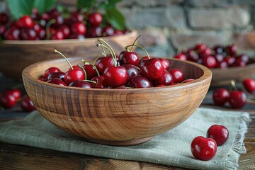 A bowl of cherries sits on a table with a green cloth underneath it