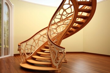 Interior design of a modern, elegant, rounded wooden staircase with a curved structure, featuring a sleek minimalist ladder railing and brown tiles, showcasing a stylish and contemporary aesthetic