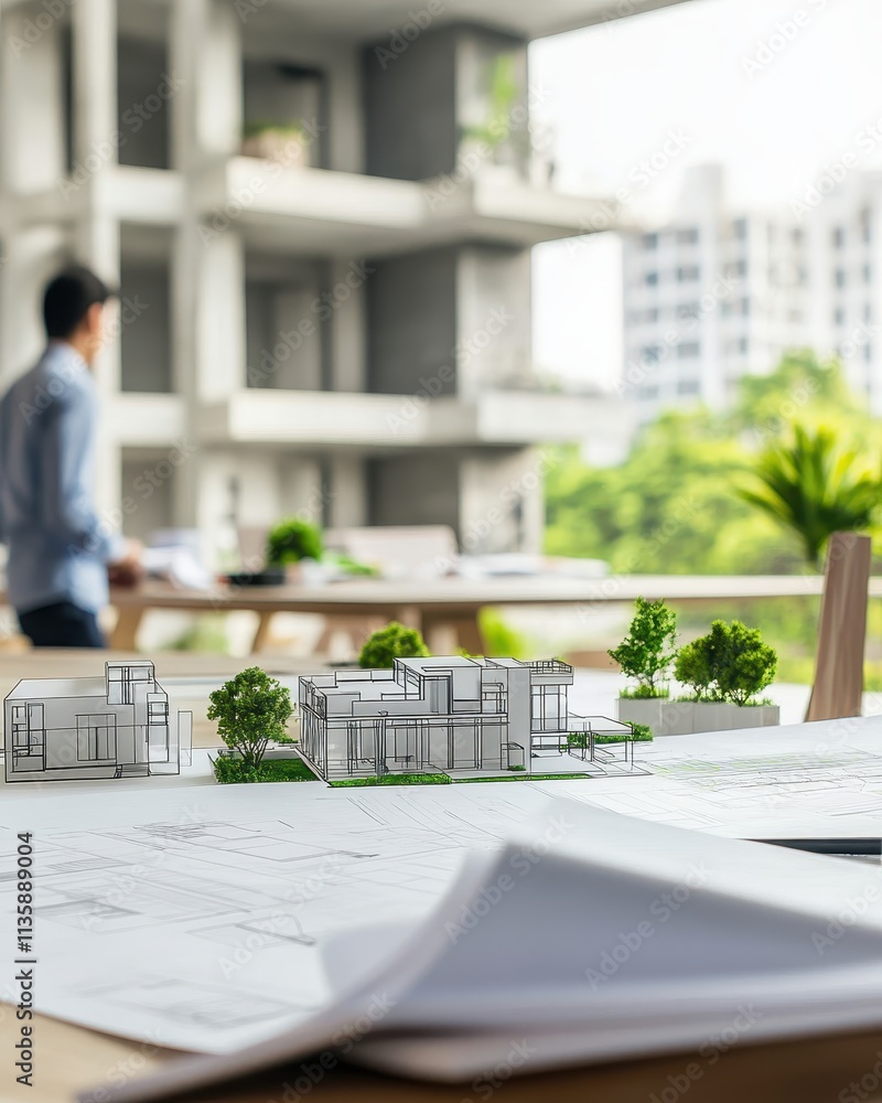 Poster architectural model house design plans on table with blurred background of construction site and arc