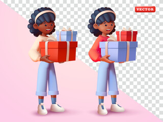 Woman carrying gift box. 3d vector suitable for, promotion, advertising and design elements