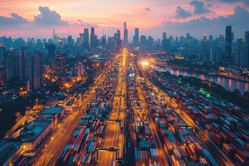 Industrial freight operations at sunset urban skyline aerial view scenic blend of air and sea transport