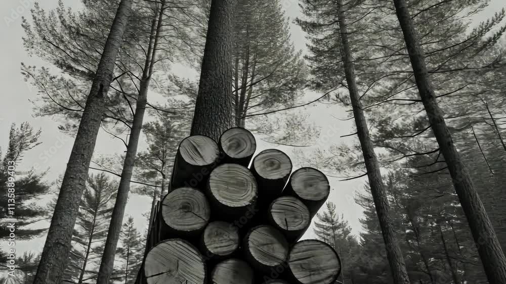 Aufkleber logs stacked beneath tall pine trees create a serene atmosphere in a dense forest during late aftern