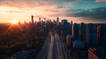 Sunrise over a modern city skyline. Urban landscape, highway, and buildings.