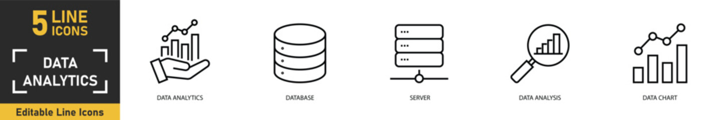 Data Analytics line icon set. Set of 5 outline icons related to data analytics, database, server, data analysis, data chart and more. Vector illustration.