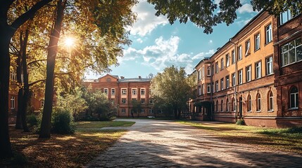 Obraz premium Autumn Campus Courtyard. Sunlight, Trees, and Buildings. Concept of Education, Tranquility, and Fall Season.