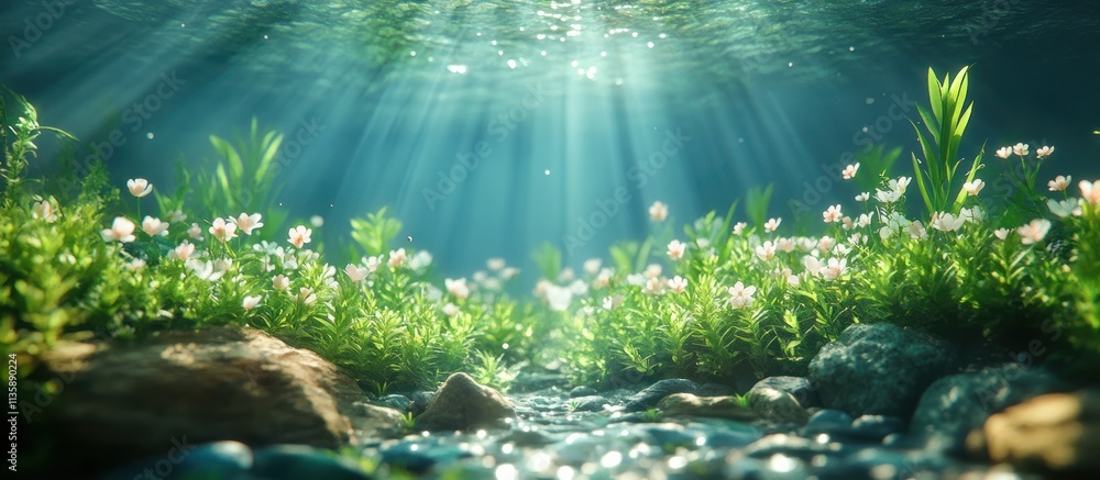 Aufkleber underwater view of a stream flowing through a lush meadow with sunlight streaming through the water.