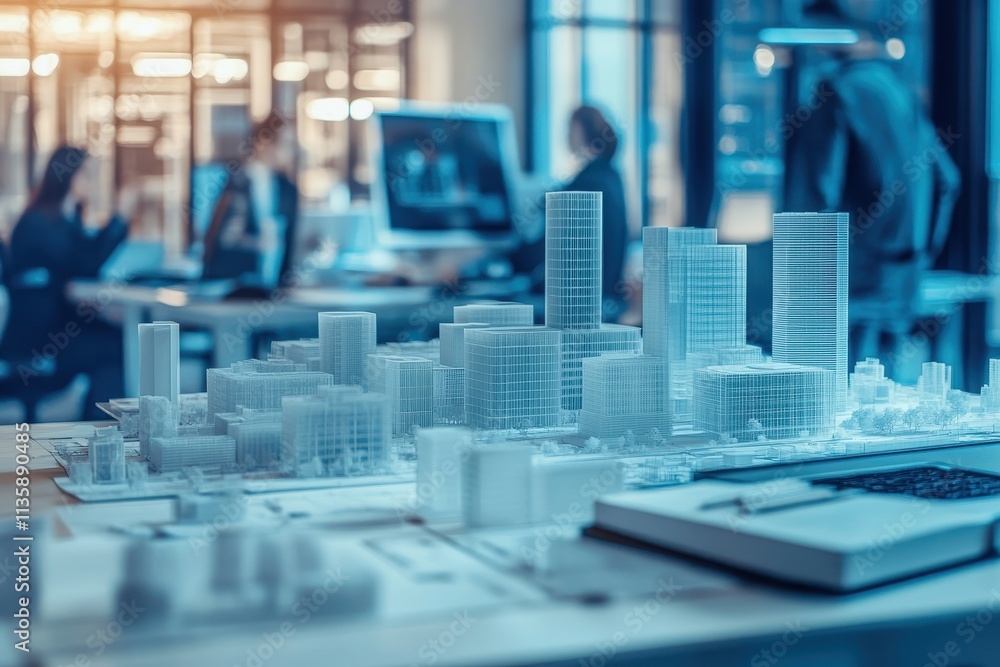 Poster architectural model of modern cityscape in a design studio setting