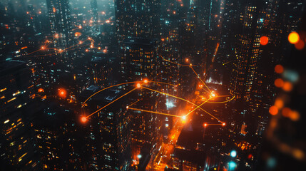 Fototapeta premium Smart digital Innovation city with connection network reciprocity over the cityscape. of future smart wireless digital city and social media networking systems that connects people with in city