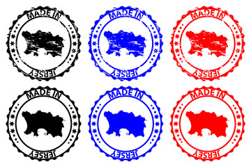 Made in Jersey - rubber stamp - vector, Jersey map pattern - black, blue and red