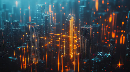 Obraz premium Smart digital Innovation city with connection network reciprocity over the cityscape. of future smart wireless digital city and social media networking systems that connects people with in city