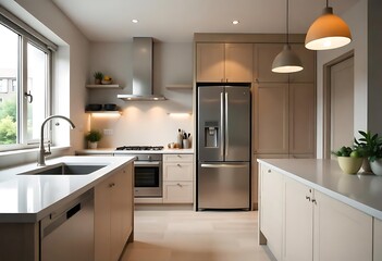 Interior of modern kitchen with counters and stylish fridge
